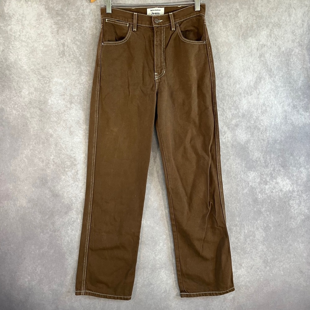 Reformation Jeans Women‎ 26 Chocolate Brown High Rise Straight Contrast Stitch